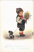 Herzlichen Glückwunsch zum Namenstage! / Children art postcard with Name Day greeting, boy with flowers and dog (EK)