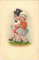 1929 Children art postcard, romantic couple (EB)