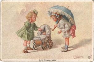 Husch, Püppchen schläft / Children art postcard, girls with doll. Wohlgemuth & Lissner No. 1142. Muttersorgen s: W. Fialkowska (EM)