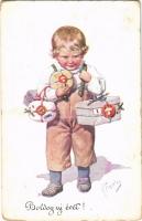 Boldog Újévet! / Children art postcard with New Year greeting. B.K.W.I. 3004-6. s: K. Feiertag + "IV. Károly király koronázása napján 1916. dec. 30. Budapest" So. Stpl. (kopott sarkak / worn corners)