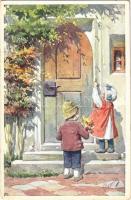 1917 Children art postcard, boy with flowers. B.K.W.I. 490-3. s: K. Feiertag (EK)
