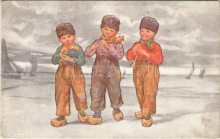 1920 Children art postcard, seaside boys. B.K.W.I. 496-1. s: K. Feiertag (EB)