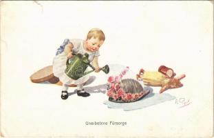 Unerbetene Fürsorge / Children art postcard, humour. A.R. & C.i.B. 485. (ázott sarok / wet corner)