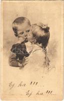 1913 Children art postcard, kissing. B.K.W.I. 837-1. s: K. Feiertag (fl)