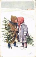 1910 Children art postcard, Christmas, kissing. B.K.W.I. 2781-4. s: K. Feiertag (EB)