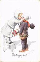 1914 Boldog Újévet! / Children art postcard with New Year greeting, chimney sweeper, kissing. B.K.W.I. 2989-4. s: K. Feiertag (EB)
