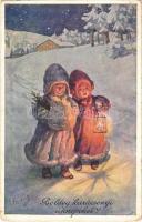 1911 Boldog karácsonyi ünnepeket! / Children art postcard with Christmas greeting. B.K.W.I. 2853-6. s: K. Feiertag (kopott sarkak / worn corners)