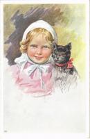Children art postcard, girl with cat. B.K.W.I. 881-2. s: K. Feiertag