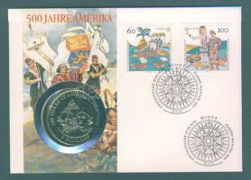 Cook-szigetek 1991. 5$ Ag "500 éves Amerika" érmés, bélyeges borítékon T:1