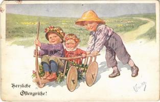Herzliche Ostergrüße! / Children art postcard with Easter greeting. B.K.W.I. 463-4. s: K. Feiertag (EM)