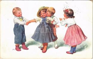 1910 Children art postcard, kissing. B.K.W.I. 565-2. s: K. Feiertag (ázott sarkak / wet corners)