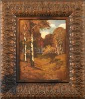 Feigel Viktor (?-): Őszi színek. Olaj, farost, jelzett. Hátoldalán címkén feliratozott. Dekoratív, szecessziós fa keretben, 23×18 cm