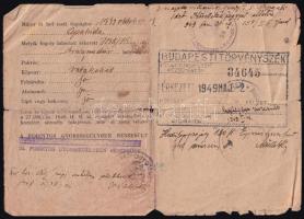 1948 Igazolvány hadifogságból hazatért részére. Sérült