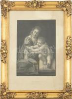 Giovanni Antonio Boltraffio (1467-1516) festménye után, Carl Eduard Büchel (1835-1903) metszése: Mária gyermekével, 1874. Rézmetszet, papír. Jelzett a metszetet alatt nyomtatva. Foltos. Nyomtatta Kaeser Bécsben. Eredetije az orsz. képtár tulajdona (Szépművészeti Múzeum). Üvegezett, dekoratív fa keretben, 27×20,5 cm