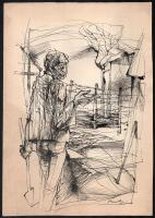 Károlyi András (1938-), 2 db mű: Beszélgetők és Kerítésnél. Tus, papír, egyik jelzett, 33x23 cm