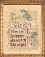 Dekoratív, üvegezett régi fa keret német nyelvű hímzett felirattal, litografált paszpartuval, kereten kopásnyomokkal, látható méret: 38,5x28,4 cm