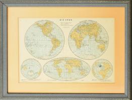 cca 1900 A föld térképe (Die Erde), A. Hartleben kiadása, K. u. k. Hof-KArtogr. Anstalt G. Freytag & Berndt Bécs, Üvegezett fa képkeretben, lapon apró foltokkal, 35×50 cm