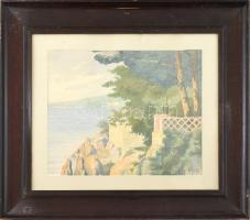 Háry Gy jelzéssel: Napfényes tengerpart. Akvarell, papír. Üvegezett fa keretben. 30,5x38 cm