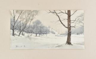 Dobroszláv Lajos (1902-1987): Téli táj. Akvarell, papír, jelzett, kartonra kasírozva, 25×46 cm