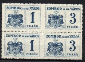 Zombor városi okmánybélyeg 3f+5f középen függőlegesen fogazatlan négyestömb