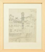 Gallé Tibor (1896-1944): Firenzei torony, 1923. Szén, papír, jelzett, üvegezett fa keretben, 26,5x21,5 cm