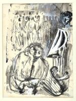 Jelzés nélkül, a XX. sz. második felében működött magyar grafkus alkotása (Kass János?): Illusztráció. Lavírozott tus, fedőfehér, papír, paszpartuban, 21x15,5 cm