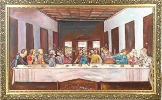 Krafcsik Adolf (1953-2017), Leonardo da Vinci után: Az utolsó vacsora. Olaj, vászon, kissé sérült (felületi festék lepergéssel). Jelzés nélkül. Dekoratív fa keretben. 60x105 cm