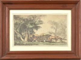 Zádor István (1882-1963): Cigány tábor. Színezett rézkarc, papír, jelzett, üvegezett fa keretben, 21x36 cm