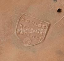 Komlós Art Deco figurális hamutartó. Színes mázakkal festett kerámia. Sérült, jelzett, m: 21 cm