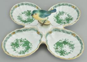 Herendi zöld Fleur des indes vertes mintás 4 részes kagylós kínáló, madár fogantyúval, kézzel festett porcelán, jelzett, sérült. 35x35x13cm