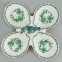 Herendi zöld Fleur des indes vertes mintás 4 részes kagylós kínáló, madár fogantyúval, kézzel festet...