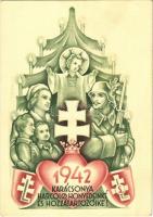 1942 Karácsonya Harcoló honvédeinké és hozzátartozóiké. Leventeifjúság honvédkarácsonya / WWII Hungarian military art postcard with Christmas greeting s: Légrády S.
