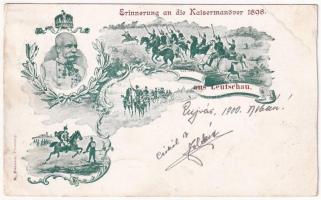 1900 Lőcse, Levoca; Erinnerung an die Kaisermanöver 1898. / 1898-as Császári hadgyakorlatok emléklapja, Ferenc József / In memory of the royal maneuvers and the presence of his Majesty the Emperor Franz Joseph I of Austria in Levoca. Art Nouveau, floral