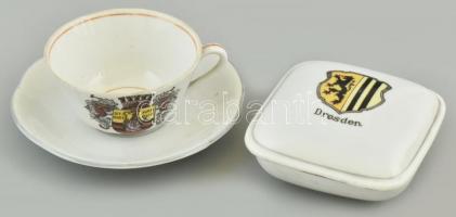 1 db Dresda címeres bonbonnier, porcelán, 1 db címeres mokkás csésze pótolt aljjal, porcelán, jelzett, kopott.