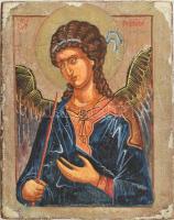Jelzés nélkül, feltehetően XX. sz. művész munkája: Gábriel arkangyal, novgorodi ikon. Tempera, vászon, fatáblára kasírozva, sérült, 30×23,5 cm