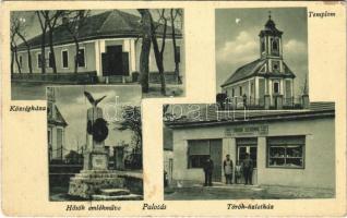 1949 Palotás, Községháza, Templom, Hősök szobra, emlékmű, Török Istvánné üzlete és saját kiadása (EK)