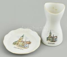 Aquincumi Szentendre képével díszített kis porcelán váza és tálka. Matricás, jelzett, kis kopással, m: 9 cm, d: 8 cm