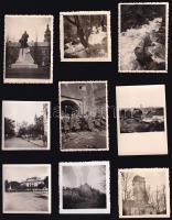 cca 1941 Felvidéki városképek, részletek: Rimaszombat, Losonc, Rozsnyó, Léva, stb., 9 db fotó, részben hátoldalon feliratozva, 6×6 és 6×9 cm