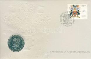 Azori-szigetek 1986. 100Esc "10. évforduló" érmés, bélyeges borítékon T:1