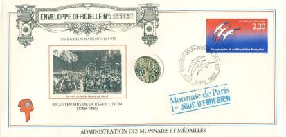 Franciaország 1989. "A szabadságharc 200. évfordulója" ffém emlékérem érmés, bélyeges borítékon T:1