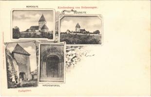 Holcmány, Holzmengen, Hosman; Kirchenburg von Holzmengen. Nordseite, Südseite, Kirchenportal, Fallgitter. Lichtdruck v. Jos. Drotleff (Hermannstadt) / Erődtemplom északról és délről, csapórács, kapu / fortified church, sliding gate (portcullis), entrance. Art Nouveau, floral