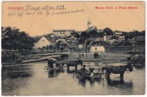 1915 Szászrégen, Reghinul Sasesc, Reghin; Maros folyó, lovaskocsik. W.L. (?) 1639. Hübner Ignác kiadása / Fluss Maros / Mures riverside, horse-drawn carriages (EK)