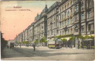 1913 Budapest VII. Erzsébet körút, Leszámítoló és pénzváltó bank, villamos, Leopold Gyula üzlete