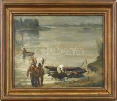 P. Bak János (1913-1981): Tiszai halászok. Olaj, vászon, jelzett, restaurált. Fa keretben. 30×40 cm