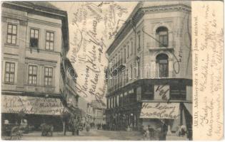 1904 Arad, Andrássy tér a Weitzer János utcával, Központi Divatáruház, üzletek / square, street view, fashion store, shops (EK)