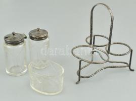 Antik fűszertartó, ezüstözött fém, szép csiszolt üvegekkel. kopott, m: 13 cm Jelzett: EPNS (Electrop...