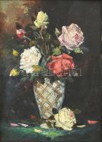 Henczné Deák Adrienne jelzéssel: Csendélet. Olaj, vászon, kartonra kasírozva, kissé sérült. Dekoratív, sérült keretben, 40x30 cm