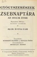 1934 Gyógyszerész zsebnaptár a magyarországi gyógyszertárak és tulajdonosaik részletes listájával, r...