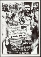 1988 A Fekete Lyuk alternatív zenei klub műsorplakátja a Független Adó, a Vaszlavik Petőfi Velorex és ef Zámbó Happy Dead Band együttesek estjéről, Golyó grafikája, szép állapotban, 41×29,5 cm