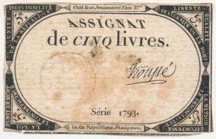 Franciaország 1793. 5L Assignata vízjeles papíron, szárazpecséttel T:III fo.  France 1793. 5 Livres Assignata on watermarked paper with embossed stamp C:F spotted  Krause P#A76